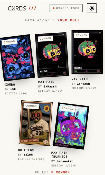 A screenshot of an NFT trading card interface showing a 'YOUR PULL' from 'PACK #1065' with five 'COMMON' cards titled 'XOMBO', 'MAX PAIN' (by 1xHarsh), 'GRIFTERS', and 'MAX PAIN (BURNED)' along with their respective editions.