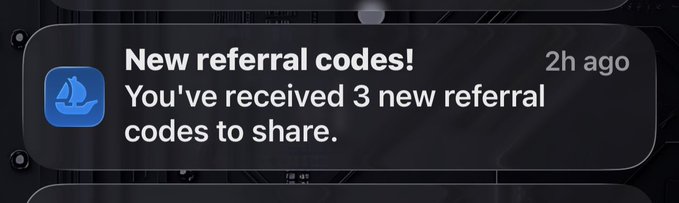 A push notification from Open Sea displays the message "New referral codes! You've received 3 new referral codes to share," timestamped 2h ago, which the poster is offering to their followers alongside a testimonial about OpenSea Mobile's seamless trading experience for NFTs, coins, and perps.