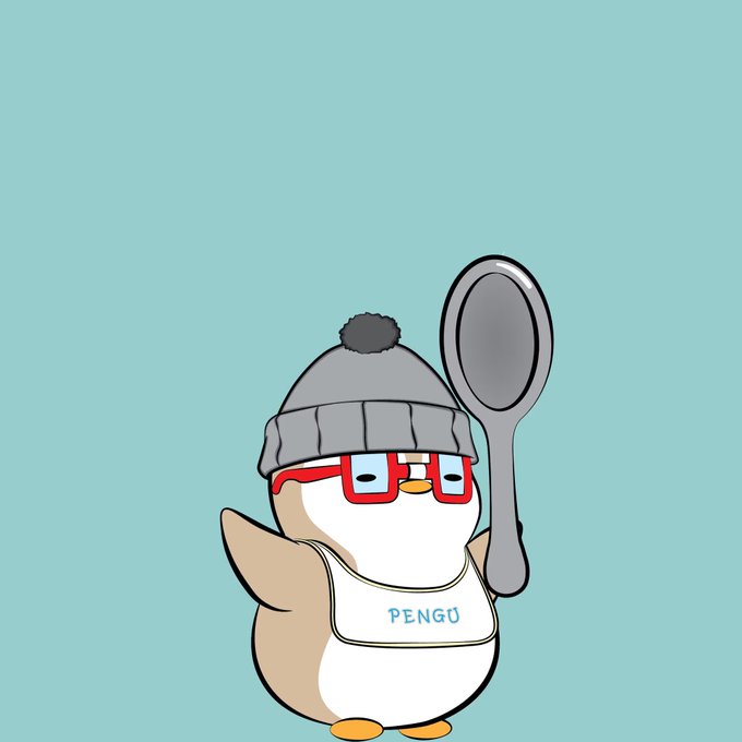 A cartoon penguin character wearing a gray pom-pom beanie, red glasses, and a bib labeled "PENGU" holds up a silver mirror, seemingly reflecting the user's excitement about winning a Lil Pudgy NFT in the content challenge.