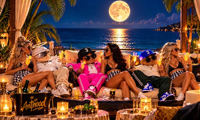 A vibrant party scene at night by the ocean with a full moon, featuring a group of stylish people in trendy outfits and sunglasses lounging with drinks, with a bucket labeled 'Antwoord' in the foreground.