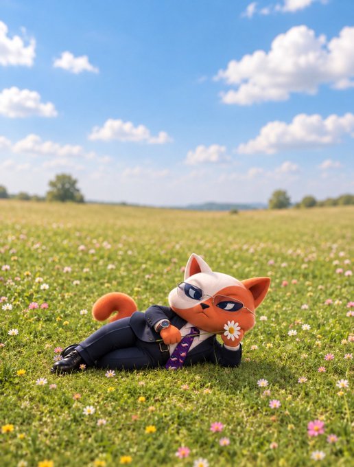 A 3D-rendered orange cat wearing a black suit, tie, sunglasses, and a robotic arm, lying in a grassy field of wildflowers while holding a daisy.