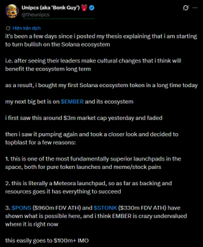 The image is a screenshot of a tweet from user @theunipcs (Unipcs aka "Bonk Guy"), who states he is turning bullish on the Solana ecosystem after seeing cultural changes from its leaders. He announces he bought a Solana ecosystem token long-term, identifying it as $EMBER (EMBER) after seeing it around a $3M market cap. He highlights $EMBER's fundamental value, noting it serves as a launchpad for launches and meme/stock pairs similar to $SPDRS ($960M FDV ATH) and $STONK ($330M FDV ATH), arguing $EMBER is undervalued and could easily reach $100M FDV. The accompanying caption explains that after this tweet, $EMBER's market cap surged over 170% in roughly 40 minutes, surpassing $40M before pulling back to $25M.