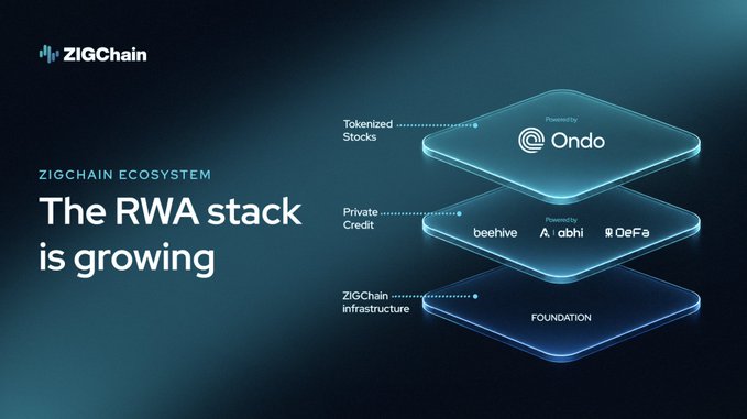 The image shows a 3D rendering of a stack of three stacked cubes, each labeled with different companies such as ZIGChain, ABHI, and DeFa. The text "The RWA Stack" is written above the cubes, indicating that this is an explanation or breakdown of what the RWA Stack is for. Below the cubes are labels for private credit, tokenized stocks, and public markets.