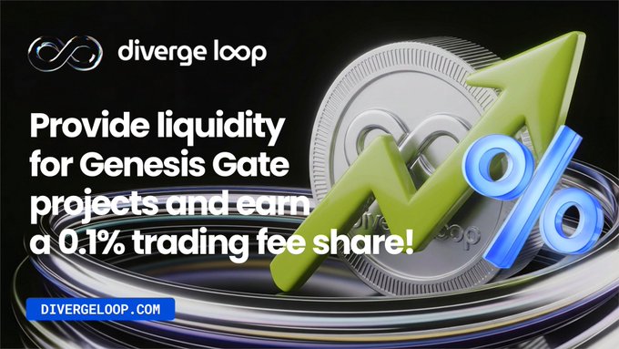 The image showcases a coin with a green number one on top of it, accompanied by an arrow pointing upwards. In addition to these elements, there are two lines that form the shape of a percentage sign. The text "Divege Loop" is visible in the image, and it's related to the coin being used for Genesis Gate projects, providing a trading advantage with its unique benefits.