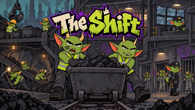 An illustration titled 'The Shift' depicting green-skinned goblins with horns working in an industrial coal mine, with two goblins pushing a cart of coal and others mining in the background.