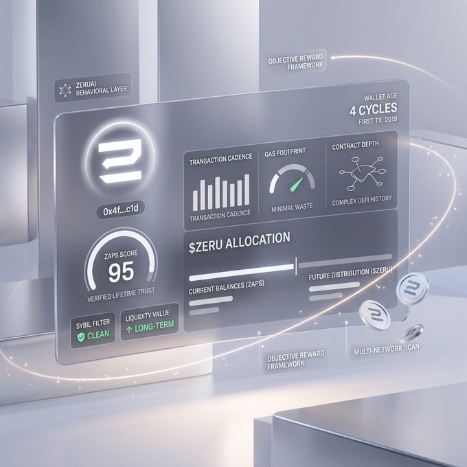 A futuristic digital dashboard interface for '$ZERU' displaying metrics including Wallet Age 4 Cycles, Transaction Cadence, Gas Footprint (Minimal Waste), ZAPS Score 95, and $ZERU Allocation details.