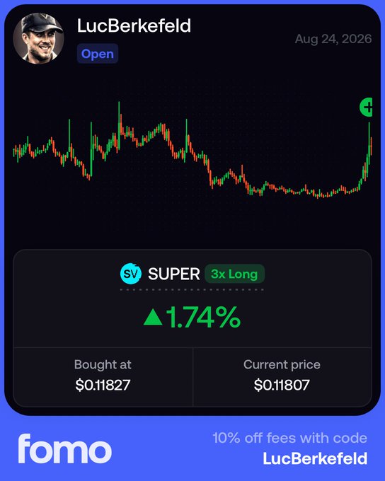 A trading interface from the app 'fomo' showing user 'LucBerkefeld' with an open $SV SUPER 3x Long position showing ▲1.74% gain, bought at $0.11827 with current price $0.11807.