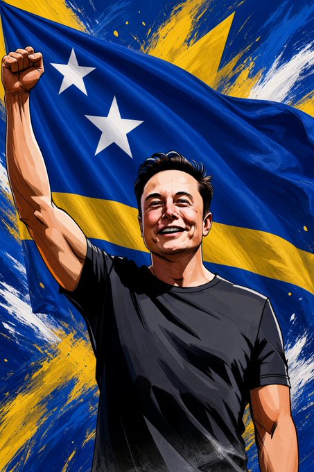A digital illustration of Elon Musk raising his fist with a determined expression, standing in front of the blue and yellow flag of Curaçao.