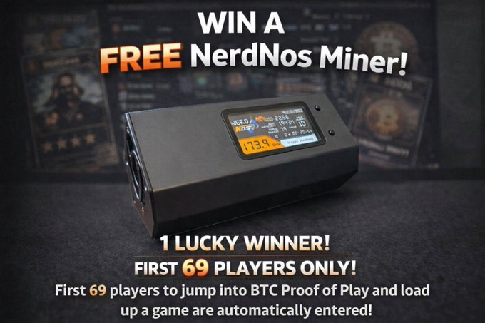 A promotional advertisement offering a 'WIN A FREE NerdNos Miner!' contest for the first 69 players who load up a game for BTC Proof of Play.