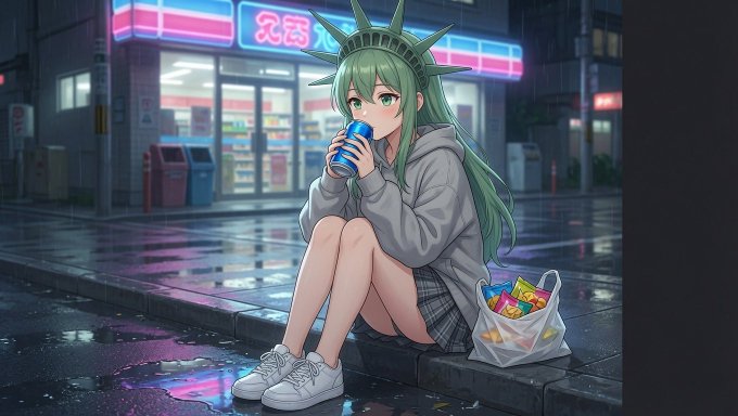 An anime-style illustration shows a green-haired girl wearing a Statue of Liberty-like crown, sitting on a rain-slicked curb outside a neon-lit convenience store at night, drinking from a can with a bag of snacks beside her. The cybernetic idol aesthetic and glowing "アプリ" (app) signage play loosely on themes of digital connection, though the image itself doesn't directly illustrate the post about ZKX wallet support or PulseChain integration with Keystone 3 Pro.