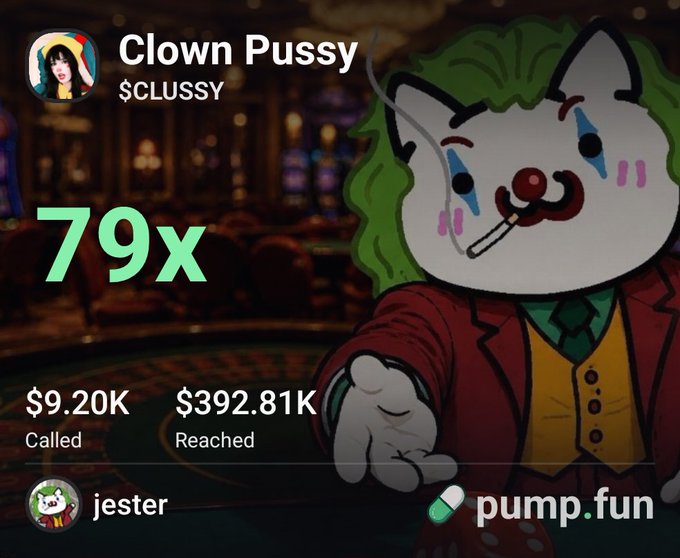 A Pump.fun meme coin graphic for "Clown Pussy" ($CLUSSY) shows a 79x gain, with $9.20K called and $392.81K reached, featuring a clown-faced cat character in a red jacket.