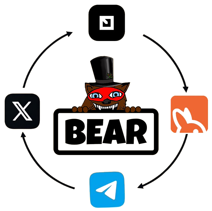 A circular diagram features app icons for X, Telegram, and other platforms connecting to a central "BEAR" logo with a red-masked bear mascot wearing a top hat.
