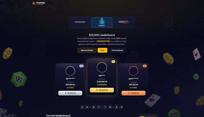 The image shows the Roobet affiliate leaderboard page displaying a "$25,000 Leaderboard" promotion with the top three ranked users showing wagers of $483,846.66, $1,865,654.58, and $516,212.43, with countdown numbers "24 0 1 1 8 3 5" visible at the bottom. The post ties into this by promoting a $50 giveaway tied to the ongoing Roobet wagering leaderboard, encouraging users to wager on Roobet for a chance to win.