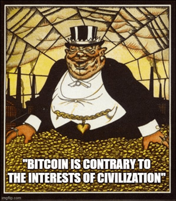 An illustration of a wealthy man in a top hat sitting on a pile of gold coins with spider webs in the background, captioned 'BITCOIN IS CONTRARY TO THE INTERESTS OF CIVILIZATION'.