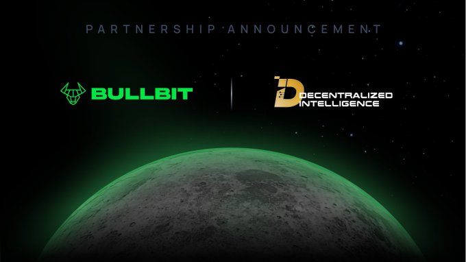 A cosmic-themed partnership announcement graphic displaying "PARTNERSHIP ANNOUNCEMENT" at the top, featuring the Bullbit logo alongside the Decentralized Intelligence (DI) logo, set against a backdrop of a green-glowing moon and starry space—visually reinforcing the futuristic, tech-forward collaboration between Bullbit and DI's decentralized AI infrastructure ecosystem.