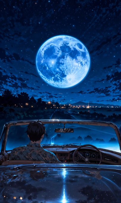 The image features a car with its headlights on, driving down a road at night under a full moon. The driver of the car appears to be enjoying their journey as they look out the window towards the beautiful celestial display. The car's interior is illuminated by the headlights, creating an atmosphere of adventure and exploration.