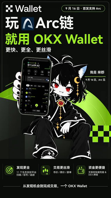 OKX Wallet promotional graphic featuring an anime cat character holding a phone displaying wallet features, with text '玩Arc链 就用 OKX Wallet' advertising support for the Arc blockchain.