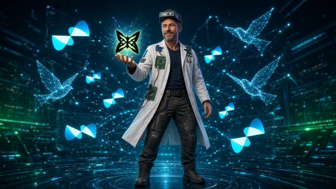 A man in a white lab coat with tech accessories holds up a glowing butterfly hologram, surrounded by digital butterflies and hummingbird holograms in a futuristic blue environment.