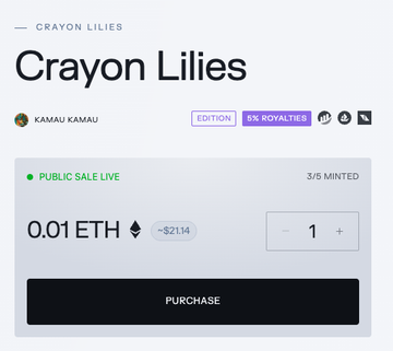 The image shows a screenshot of a website called "CRYON LILLIES" that sells lilies for 0.01 ETH, which is an eth token. The website also offers a public sale live feature where users can purchase these lilies directly from the site. There are two options available on the website: a 5-minute trial period and a 3-minute paid option. The image includes text that reads "CRYON LILLIES" at the top, followed by "Crayon Lilies" in the middle, and "0.01 ETH" at the bottom.