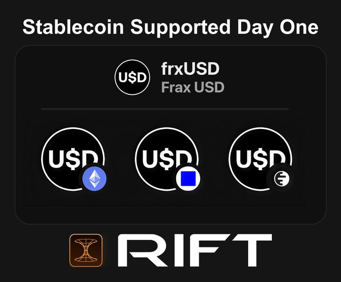 A promotional graphic titled 'Stablecoin Supported Day One' featuring frxUSD (Frax USD) and three USN tokens on Ethereum, Solana, and other chains, with the RIFT logo at the bottom.