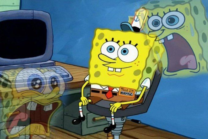 SpongeBob cheerfully sits at a desk holding a Krabby Patty, surrounded by ghostly images of himself in panicked expressions, visually echoing the post's hope for boring, steady corrections in crypto alts like $SOL, $ETH, and $NEAR rather than chaotic dumps. The calm SpongeBob represents the desired market stability, while the scared SpongeBobs embody the "heavy dumps" he's hoping to avoid as he holds his alt positions into Q1 2027.