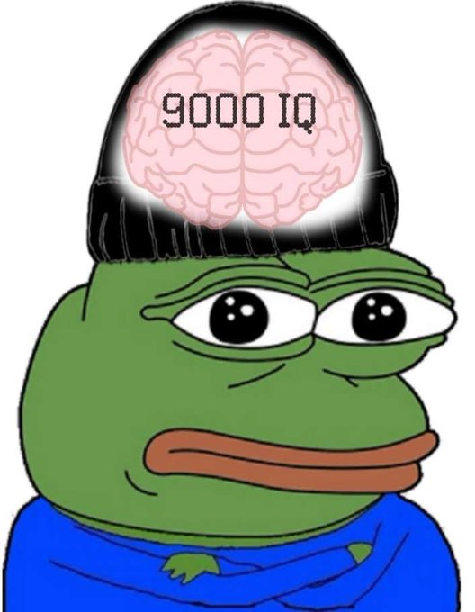 A Pepe the Frog meme wearing a black beanie that has been digitally altered to reveal a pink brain with the text '9000 IQ'.