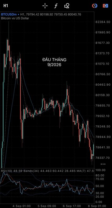 A Bitcoin to US Dollar (BTCUSDm) trading chart on the H1 timeframe showing a downward price trend, with Vietnamese text "DẦU THẮNG 9/2026" overlaid and an RSI indicator at the bottom.
