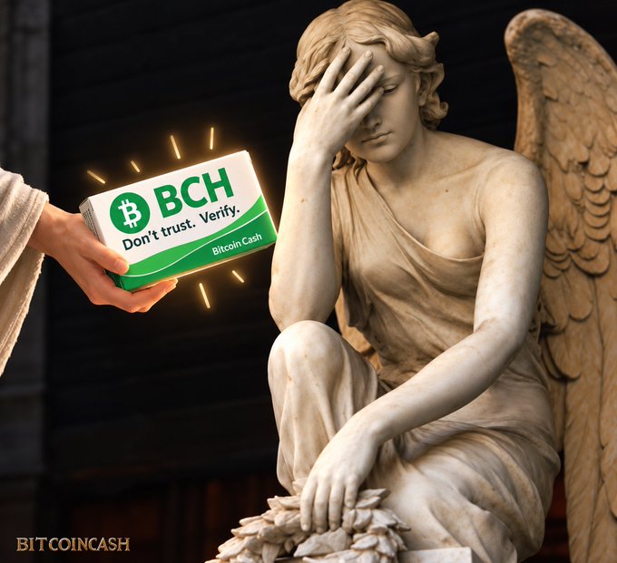 A classical marble statue of a winged angel covering its face in distress, while a hand offers a glowing green box labeled 'BCH Bitcoin Cash - Don't trust. Verify.' with 'BITCOINCASH' watermark at the bottom.