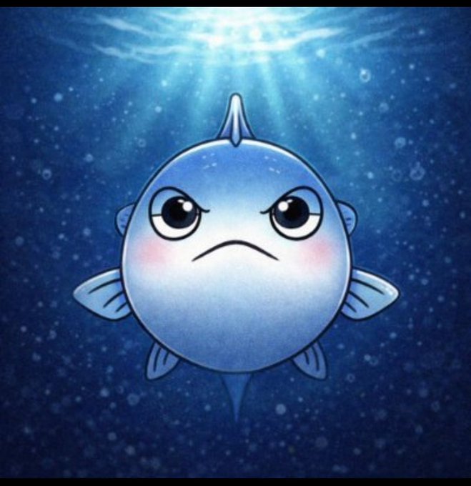 The image features a cartoon fish with an angry expression, surrounded by blue water and bubbles. The caption above the image reads "Good day @FIH_USD1 is building differently by encouraging sustainable habits, patient liquidity, and long‑term ecosystem contribution".