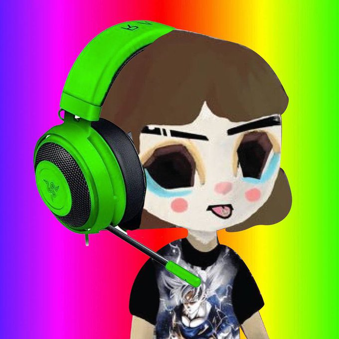 A cartoon avatar of a brown-haired character wearing a green Razer gaming headset, set against a vibrant rainbow gradient background.