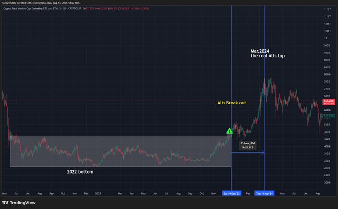 A TradingView chart of the Crypto Total Market Cap excluding BTC shows the extended 2022 bottom range and highlights an "Alts Break out" after an 85-day period, followed by the "Mar 2024 the real Alts top," illustrating the brief early altseason window before most altcoins failed to retest those highs even during the late 2024 rally.
