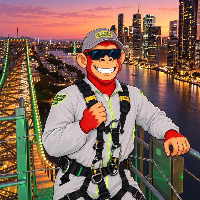 A cartoonish red monkey character wearing sunglasses, a white jumpsuit with safety harness straps, and a gray cap stands on a high-rise platform overlooking a glowing city skyline at sunset.