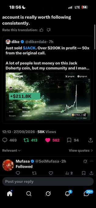 A mobile screenshot of a Twitter/X post by verified user @dikerdate showcasing a crypto profit of over $200K on the JACK token on GMGN, with a comment below from user @SolMufasa.