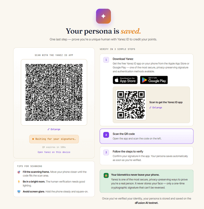 A 'Your persona is saved' confirmation screen for Yanez ID human verification, displaying a QR code to scan with the Yanez ID app across three verification steps, with tips for scanning at the bottom.