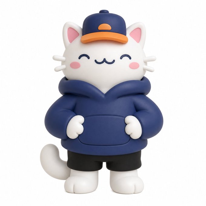 A 3D-rendered white cartoon cat character with pink cheeks wears a navy blue and orange cap, a navy hoodie, and dark shorts.