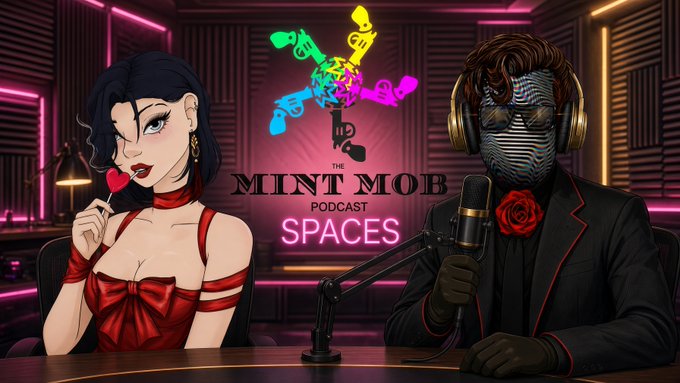 A vibrant promotional graphic for 'THE MINT MOB PODCAST SPACES' featuring an illustrated woman holding a lollipop and a masked figure in a suit with headphones at a microphone.