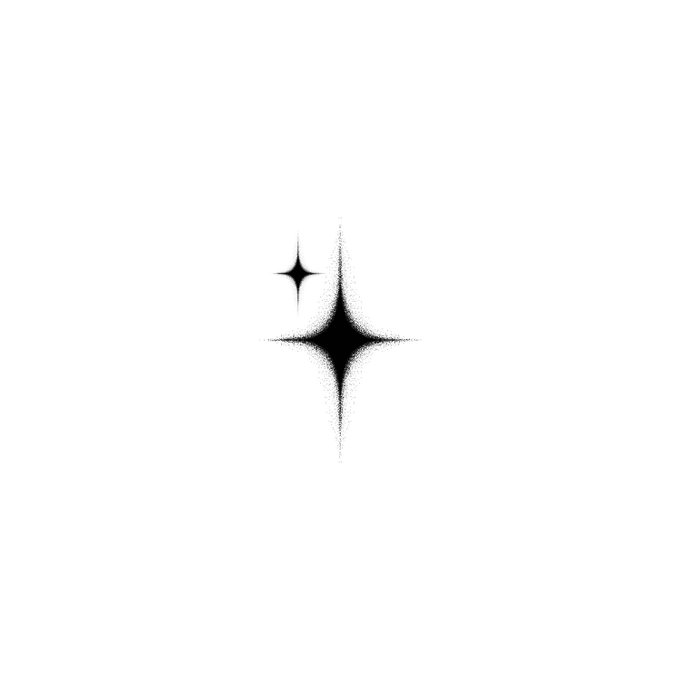 A minimalist graphic featuring two black four-pointed sparkle stars on a white background, with a larger sparkle and a smaller one to its upper left.