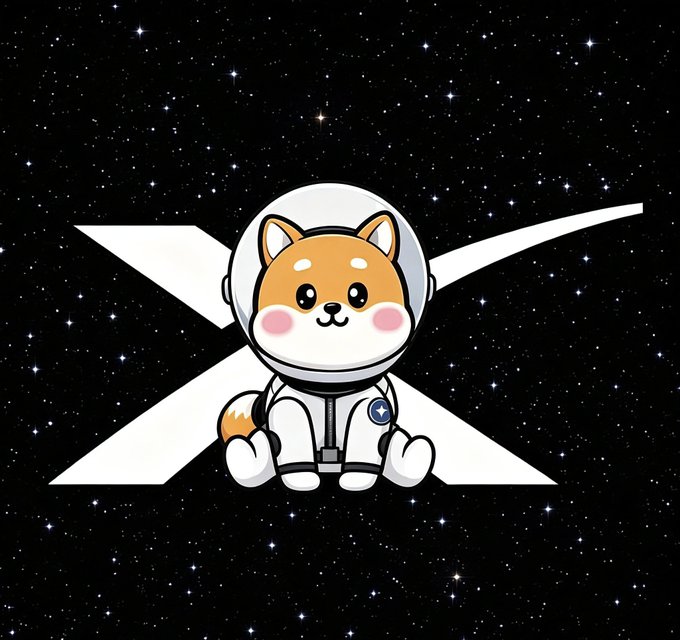 A cute cartoon Shiba Inu dog wearing a white astronaut suit sits against a starry space background with a large white "X" shape behind it, visually representing an asteroid through the cosmic setting and bold letter "X" symbol often associated with space threats.