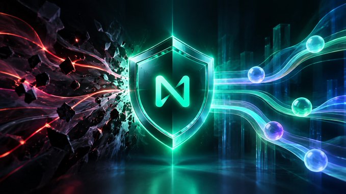 A glowing green shield displaying the NEAR Protocol 'N' logo, with red shattered debris on the left and blue flowing streams containing orbs on the right against a dark cityscape.