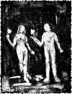 A black and white artistic sketch or print depicting two human figures holding hands, appearing as light, ethereal forms against a dark, textured background.
