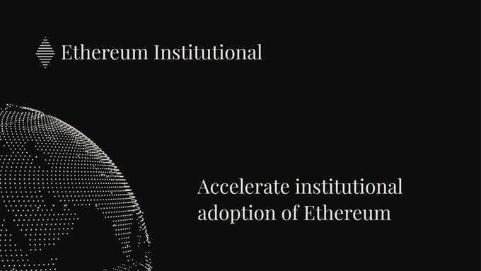 A sleek black banner displays the "Ethereum Institutional" logo alongside the tagline "Accelerate institutional adoption of Ethereum," with a stylized dotted globe graphic in the lower left corner—appearing to be promotional material for a legitimate initiative that the accompanying post seems to be distinguishing from potential scam wallet addresses circulating online.