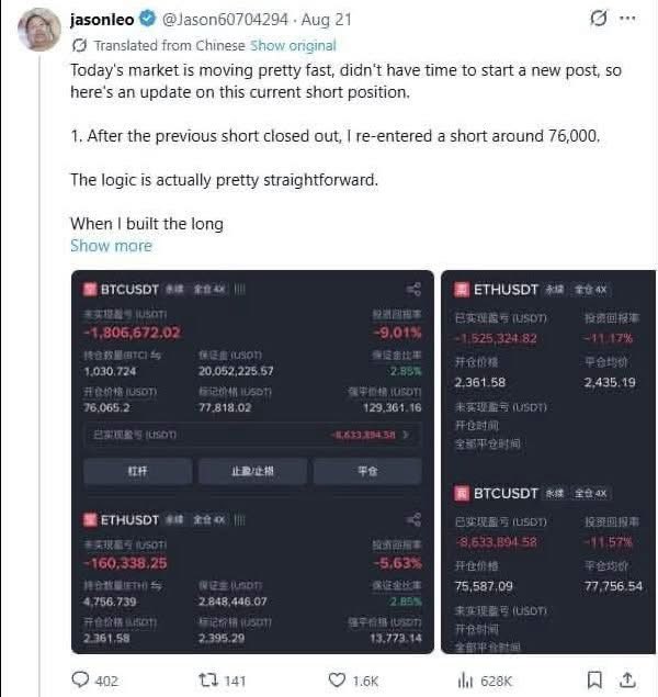 A tweet from Jason Leo (@Jason60704294) on Aug 21 showing his active BTCUSDT and ETHUSDT short positions, with notable figures including a BTC short position of -1,806,672.02 USDT (-9.01% return rate) opened around 76,065 and an ETH short position of -160,338.25 USDT (-5.63%), illustrating his high-leverage futures trading strategy that aligns with the post's commentary on his once-dominant presence on the Futures leaderboard before his recent silence.