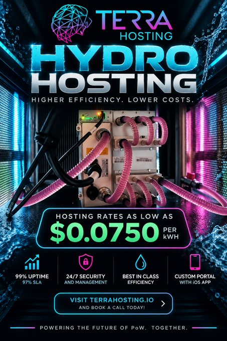 A promotional advertisement for "TERRA HOSTING HYDRO HOSTING" advertises hosting rates as low as $0.0750 per kWh with claims of 99% uptime and best-in-class efficiency.