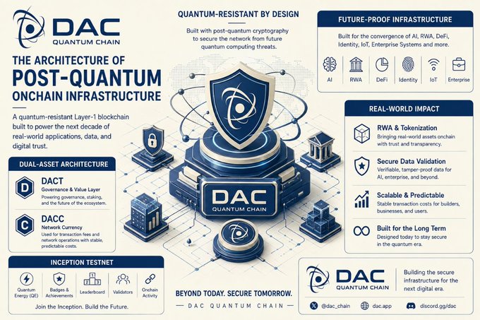 Promotional infographic for DAC Quantum Chain, a 'quantum-resistant Layer-1 blockchain' featuring dual-asset architecture (DACT and DACC) and icons for AI, RWA, DeFi, Identity, IoT, and Enterprise applications.