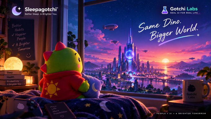 An animated advertisement features a green dinosaur plushie on a bed looking out a window at a futuristic city, branded 'Sleepagotchi' ('Better Sleep. A Brighter You.') and 'Gotchi Labs' ('Same Dino. Bigger World.').
