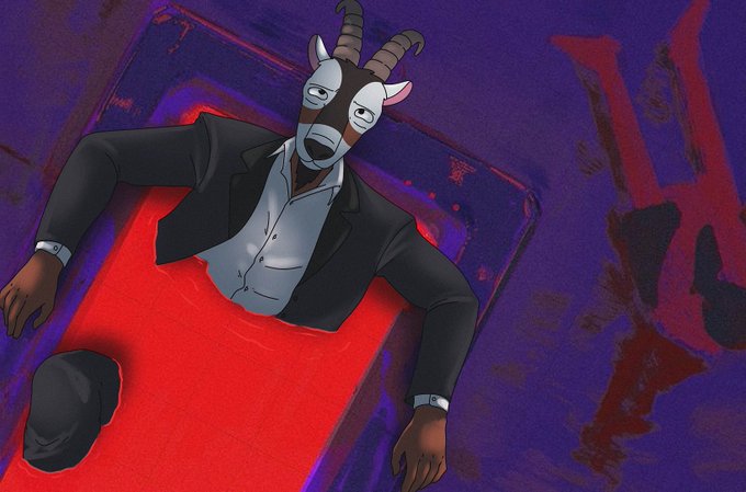 A stylized illustration of an anthropomorphic goat character wearing a black suit jacket and white shirt, lying back in a red chair against a purple background with a black cap nearby.