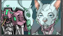 A digital illustration depicts a white, cat-like cyborg character wearing a mechanical muzzle, alongside a separate image of a complex pink and silver futuristic mechanical device.