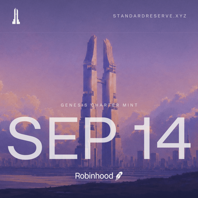 Promotional graphic with a purple-hued futuristic cityscape featuring twin towers, displaying text 'GENESIS CHARTER MINT', 'SEP 14', 'standardreserve.xyz', and the Robinhood logo.
