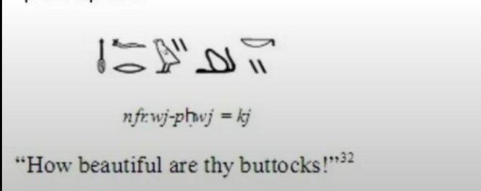 An image showing ancient Egyptian hieroglyphs with the transliteration 'nfrwj-phwj = kj' and the English translation 'How beautiful are thy buttocks!'