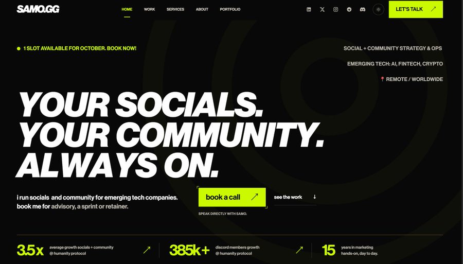 A dark-themed website screenshot for SAMOGG displaying the headline "YOUR SOCIALS. YOUR COMMUNITY. ALWAYS ON." with a "LET'S TALK" button and statistics showing "3.5x" growth, "385k+" discord members, and "15" years in marketing.